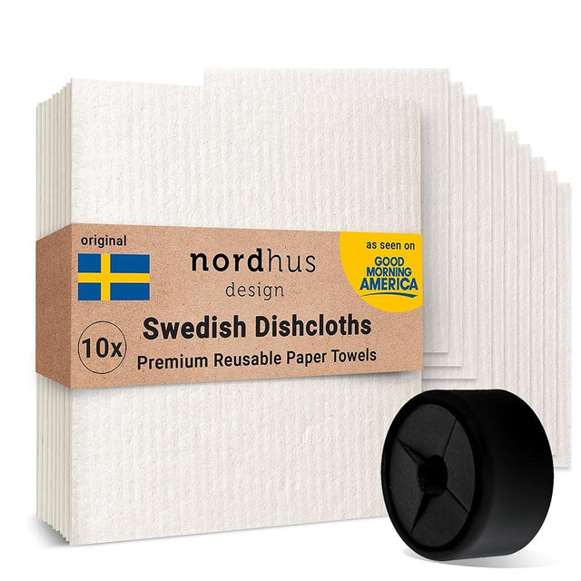 Nordhus Design Swedish Dishcloths, White 10-Pack with Black Push Hook, Reusable, Washable Cellulose Cotton Kitchen Cloths - Replace Paper Towels, Wipes, Sponges, Dish Rags
