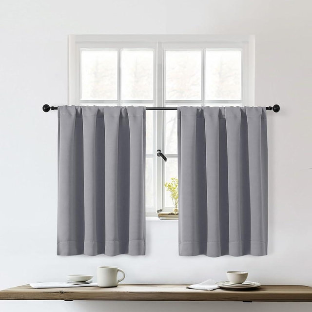 OWENIE Sally Silver Grey Short Blackout Curtains 36 Inch Length 2 Panels Set, Half Window Rod Pocket Privacy Room Darkening Curtain Tiers for Kitchen Bathroom Shades, 2 Pcs Each W40 x L36 Inch, Silver