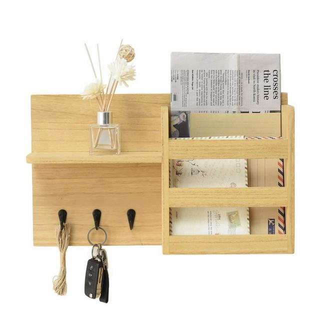 Wall Mounted Mail Envelope Organizer with 3 Key Holder Hooks -Kirigen Wood Mail Sorter with Floting Shelf Home Decor for Entryway - Coat Rack,key hook,letter storage,Holds Documents,Bills,Nature(3-NA)