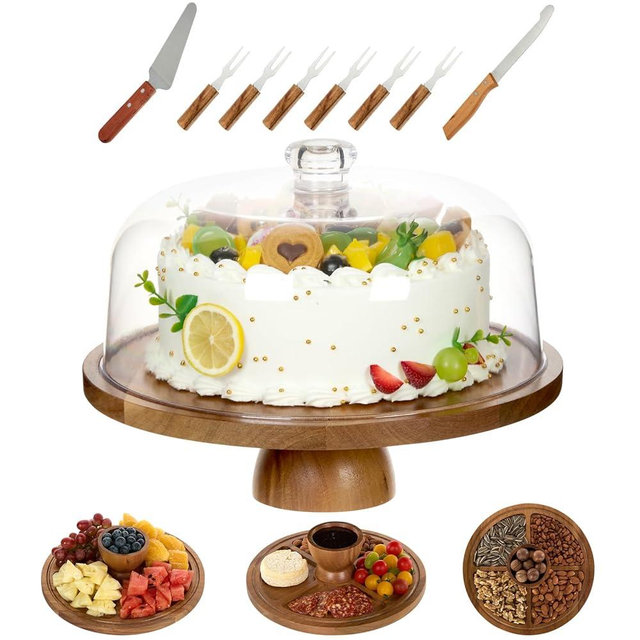 CookMeet Cake Stand With Lid – Elegant Acacia Wood Cake Stand With Dome for Cakes & Charcuterie Board | Complete Set With 6 Forks, Cake & Bread Knife, and Server | Ideal for Weddings & Celebrations