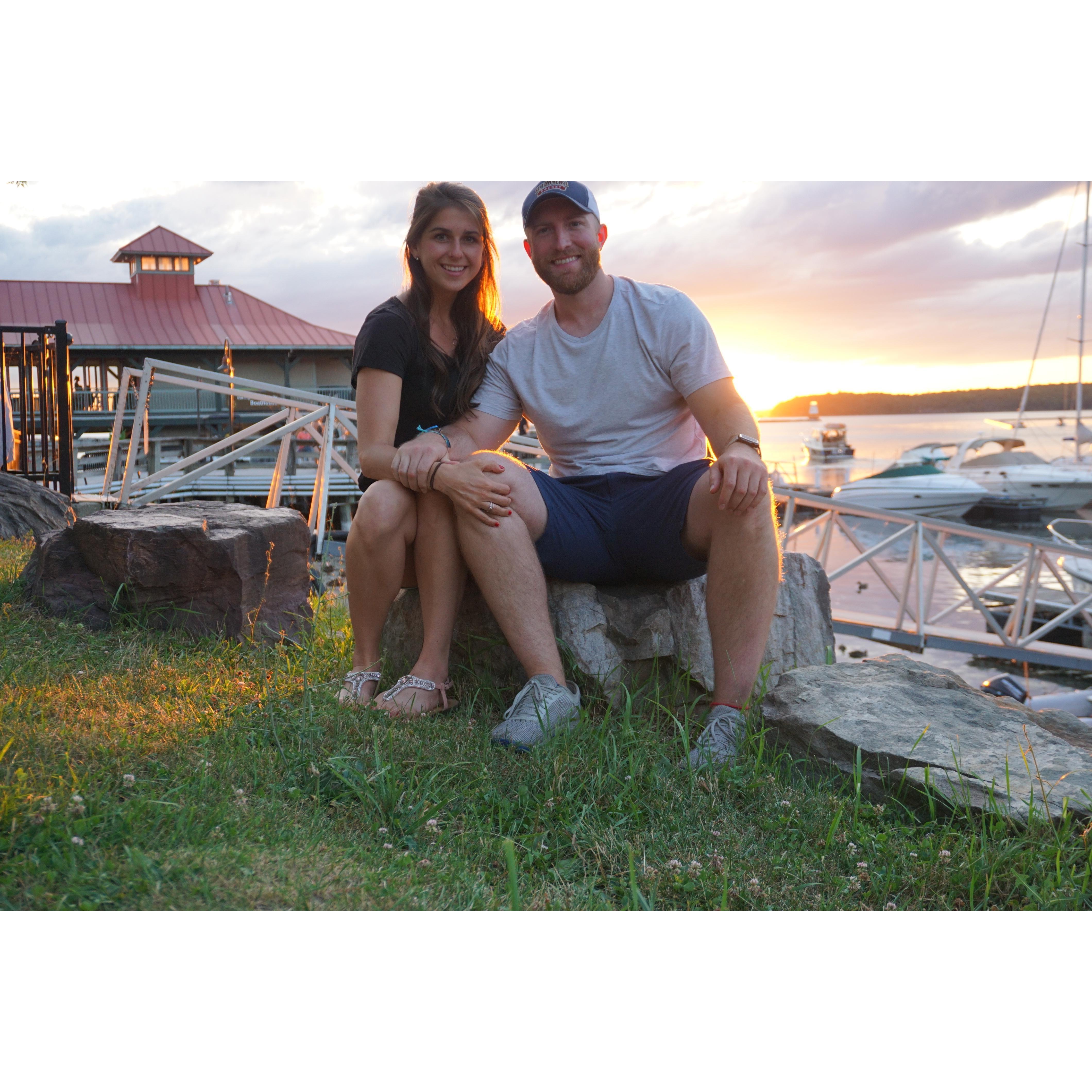Enjoying the sunset on the harbor in Burlington, VT, July, 2020. Where Jared found Caitlin's engagement ring!