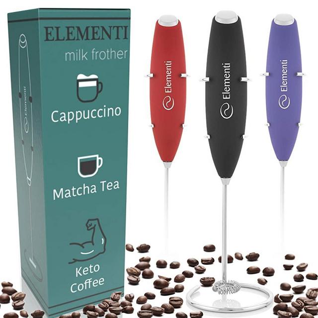 Elementi Milk Frother with Stainless Steel Whisk & Stand – Handheld Battery-Operated Drink Mixer, Coffee Frother, Milk Foamer, Cappuccino Maker, Great for Bulletproof Coffee, MCT Oil & Matcha Latte