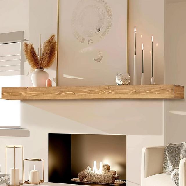ABSWHLM 72x8x3 Fireplace Mantel - Handcrafted Hollow Rustic Solid Wood Wall Mounted Floating Shelf with Invisible Heavy Duty Wood Bracket (Natural Wood)