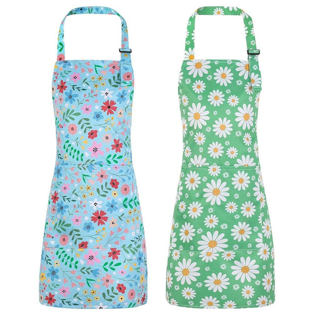 XLSXEXCL 2 Pack Kids Apron, Cute Floral Aprons, kids Aprons for Cooking Waterproof Art Apron with Pockets, Toddler Painting Artist Apron Adjustable for Boys and Girls for Painting Cooking Baking