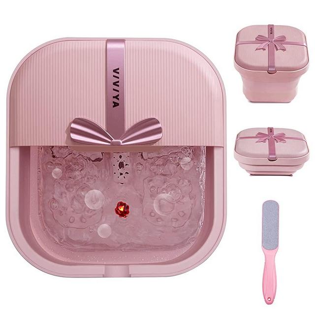 VIVIYA Collapsible Foot Bath Spa with Heat and Massage Rollers, Foldable Foot Soak Tub with Bubbles Jets and LED Light, Pedicure Foot Spa Massager with Foot Scrubber for Home Use