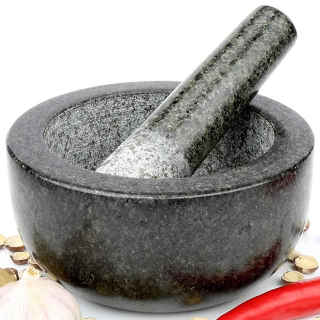 H&S Pestle and Mortar Set - Solid Granite Stone for Crushing & Mashing Spices - Large Black Set for Grinding