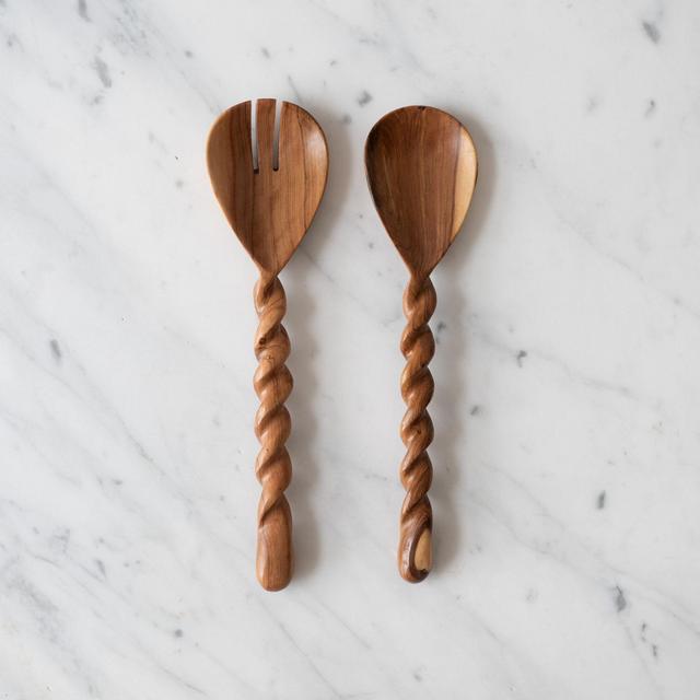 olive wood spiral salad servers