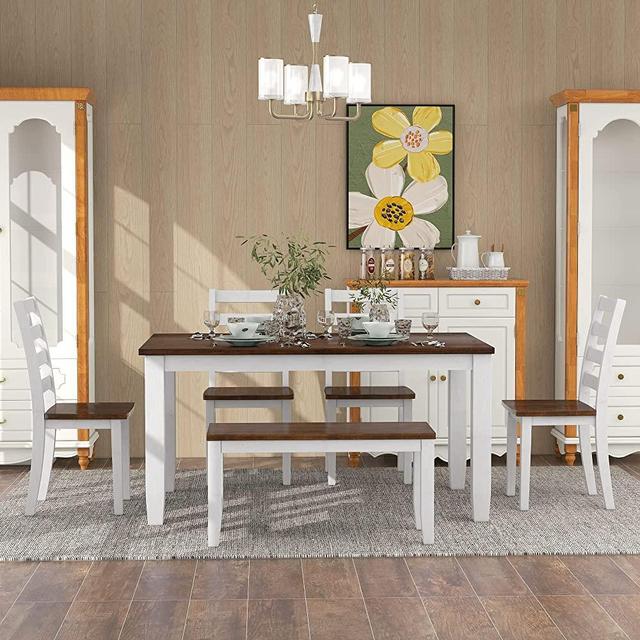 6 Piece 60in Dining Set for Home, Kitchen, Dining Room, Rectangular Table Set with 4 Chairs & a Bench, Rubber Wood Dining Room Table Set for 6 (Walnut + Cottage White)