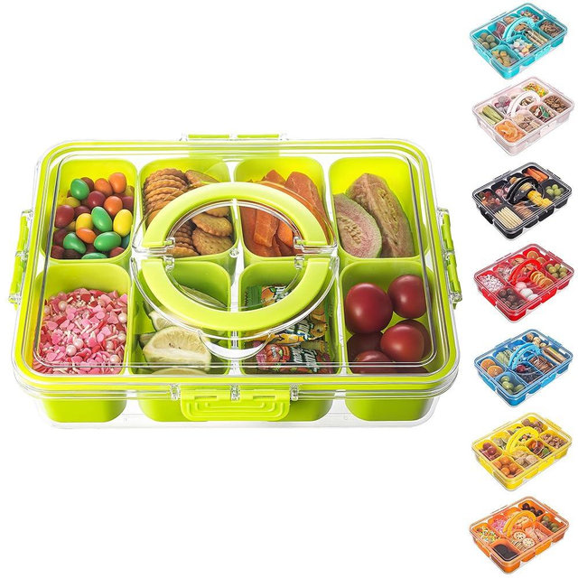 Dingerjar Divided Serving Tray with Lid and Handle - Snackle Box Charcuterie Container for Portable Snack Platters Organizer for Candy, Fruits, Nuts, Snacks - Perfect for Party, Entertaining, Green