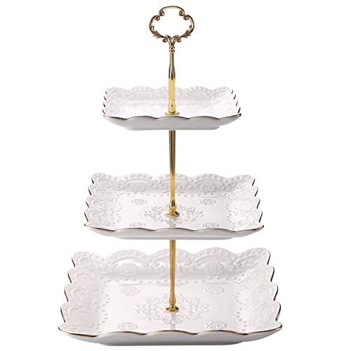 Sumerflos 3-Tier Square Porcelain Cake Stand, White Rimmed with Gold Embossed Cupcake Dessert Stand - Tiered Serving Tray for Tea Party and Baby Shower