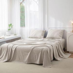 Full Size Sheet Set, 4-Piece - 100% Washed Cotton, Linen-Like Soft & Breathable, Includes Deep Pocket Fitted & Flat Sheet with 2 Pillowcases, Hotel Quality, Heathered Cream Grey