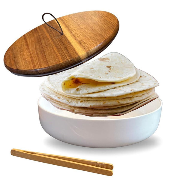 Ceramic Tortilla Warmer with Wooden Lid – 7.5 Inch Tortillero Keeps Tortillas Warm Longer – Ideal for Taco Nights, Pancakes & Roti – For Families & Mexican Food Lovers – Roti Box Tortilla Holder