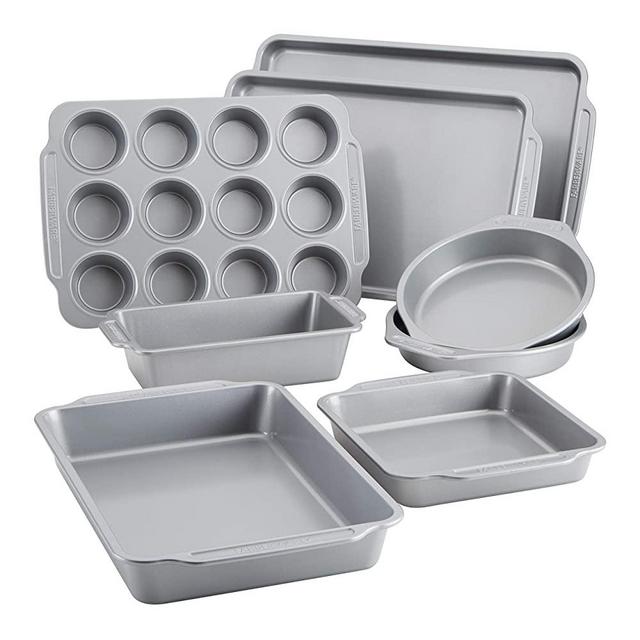 Farberware 47765 Includes Nonstick Cookie Sheets/Baking Cake Muffin and Bread Pan, 8 Piece, Gray