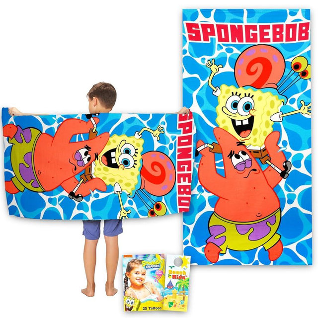 Nickelodeon Spongebob Beach Towel Set - Bundle with 27" x 54" Microfiber Pool Towel Plus Tattoos, More | Spongebob and Patrick Beach Towel for Kids, Adults