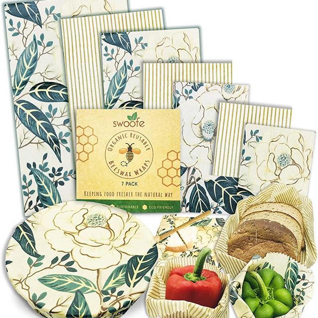 SWOOFE Reusable Beeswax Food Wrap (7 PACK), Zero Waste, Beeswax Wraps, Eco Friendly, Organic, Sustainable Products, Beeswax Wrap Food Storage, Bees Wrappers Cling Sandwich, Alternative To Plastic Bags