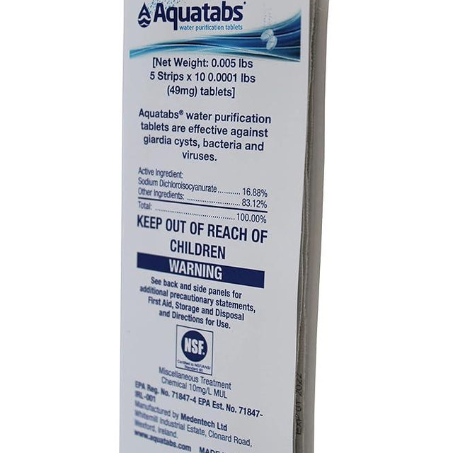 Aquatabs 49mg Water Purification Tablets (50 Pack). Water Filtration System for Hiking, Backpacking, Camping, Emergencies, Survival, and Home-Use. Easy to Use Treatment and Disinfection.
