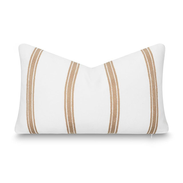 Crumbs Home Modern Farmhouse California Casual Indoor Outdoor Lumbar Pillow Cover, 12"x20" Water Repellent for Patio, Backyard, Couch, Poolside, Neutral Ivory Cream Embroidered Stripes