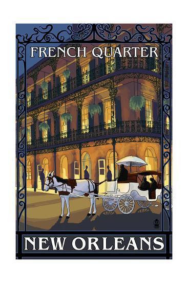 New Orleans, Louisiana - French Quarter at Night - Lantern Press Original Poster