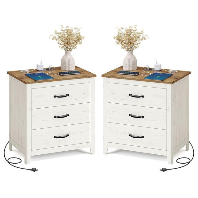 VASAGLE LIRY Collection - Farmhouse Nightstand with Charging Station, Set of 2, Bedside Tables, Side End Tables with 3 Drawers, for Bedroom, Rustic White and Honey Brown ULET979W01