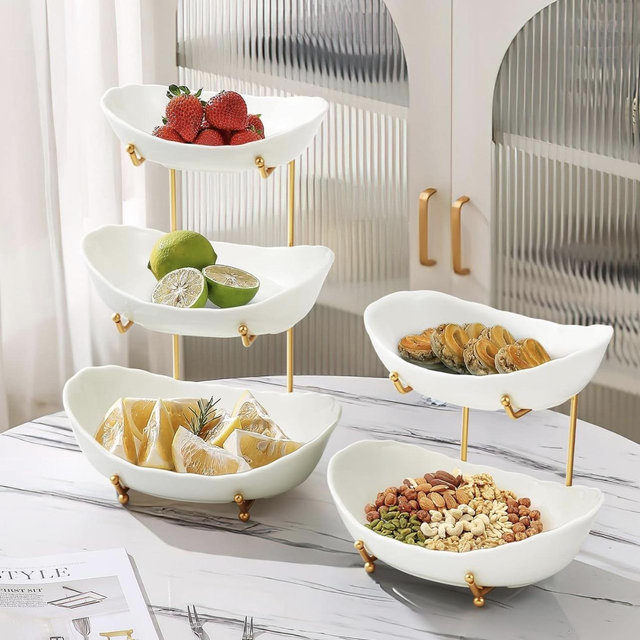 HOMKULA Ceramic Fruit Bowl for Kitchen Counter - 3 Tier Fruit Basket with Metal Stand, Tiered Fruit Stand for Countertop, Snack, Nuts, Cake, Dessert, Cute (Gold, Small)