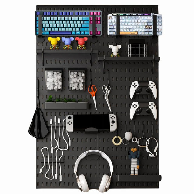 Keepo Peg Board Wall Organizer for Gaming Setup, Pegboard with Adhesives & Screw Mounts, Includes Peg Board Accessories for Gaming Accessories, Tech Storage & Office Organization (Black, 33″×22″)