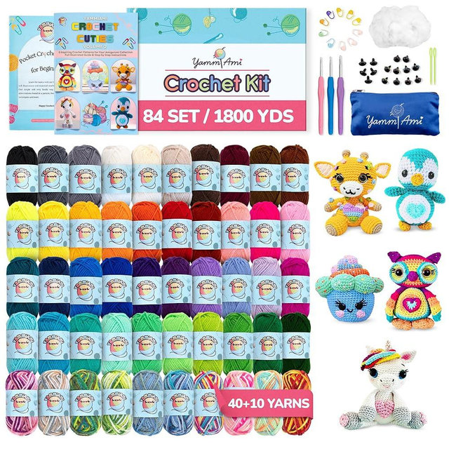 YammiAmi 1,800 Yards Beginner Crochet Kit for Adults – 84 Pc Amigurumi Crochet Kit for Starters with 50 Skeins Yarn, Accessories Set, Ergonomic Hooks, Instruction Book to Learn Crocheting