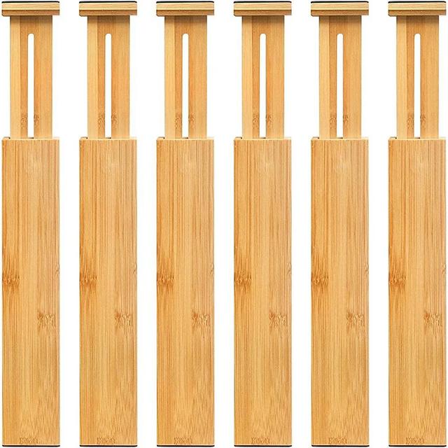 6 Pack Bamboo Drawer Dividers, Adjustable Drawer Organizer, Expandable Organization for Kitchen, Office, Bedroom, Dressers and Bathroom