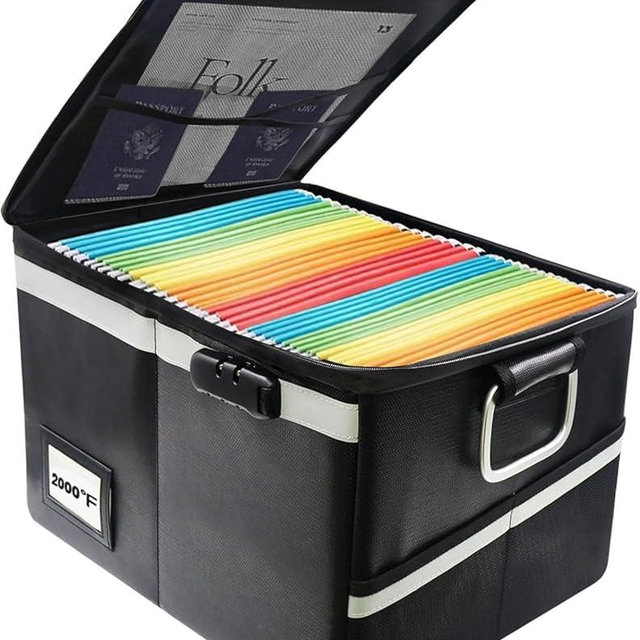 Fireproof Document Box, Portable File Organizer with Lock, Water-Resistant Document Organizer, Collapsible File Cabinets for Home Office, Safe Storage Box for Hanging Letter/Legal Folders