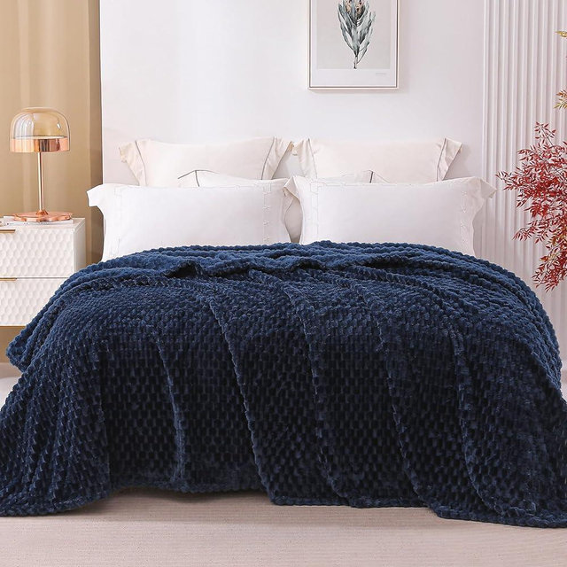 Exclusivo Mezcla King Size Flannel Fleece Blanket, 90x104 Inches 3D Clouds Stylish Jacquard Velvet Plush Bed Blanket, Cozy, Warm and Lightweight for Winter, Navy Blue Blanket
