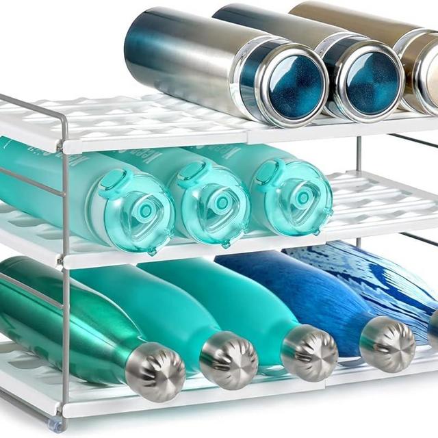 Water Bottle Organizer For Cabinet, Expandable Water Bottle Holder Rack, Adjustable Tumbler Storage For Kitchen Organization, 3 Tier Cup Organizer For Sports Flask Insulated Travel Mug Fridge, White