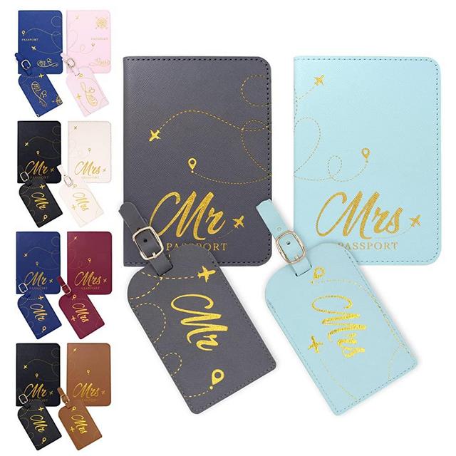 Decorably Mr and Mrs Passport Holder and Luggage Tags, Passport Holder Mr and Mrs Luggage Tags Set, Luggage Tag Mr and Mrs Luggage Tags, Passport Cover and Luggage Tag Set, Mr and Mrs Travel Tags