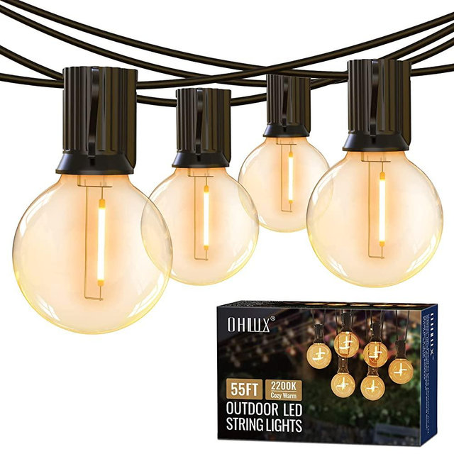 Outdoor String Lights,55FT Shatterproof Patio Lights with 30 Dimmable Plastic G40 Bulbs,2200K Waterproof Hanging Lights String,Connectable Outside Lights for Backyard,Cafe,Porch,Deck,E12 Screw Base