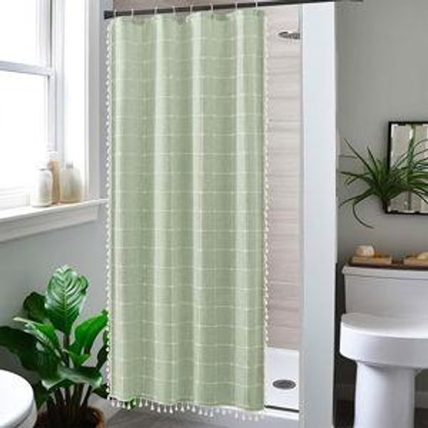Sage Green Fabric Shower Curtain, Boho Linen Textured Woven Shower Curtain Set with Tassels, Bohemian Farmhouse Shabby Chic Neutral Vintage Rustic Small Shower Curtain for Bathroom, 48x72