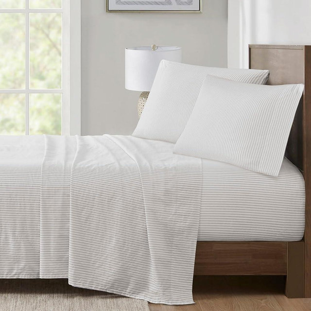 Madison Park Essentials 100% Cotton Sheets, Breathable&Soft Cotton Bed Sheets, Printed Design, Elastic Pocket Cotton Sheet Set Fits Up to 17" Mattress, All Season, Queen Gray Stripes 4 Piece