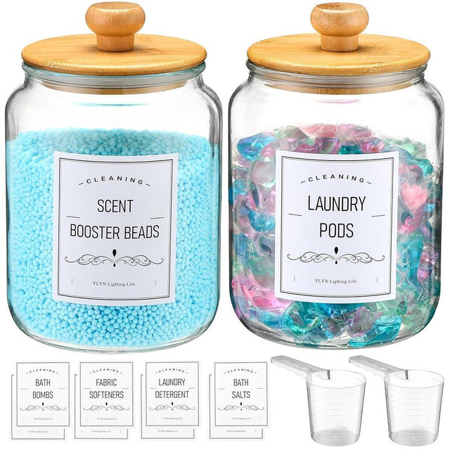 Laundry Pods Container With Airtight Bamboo Lid, Glass Jars for Laundry Room Organization Jar, 1/2 Gallon Clear Laundry Jars for Detergent Powder,Dryer balls,Scent Boosters,Laundry Room Storage