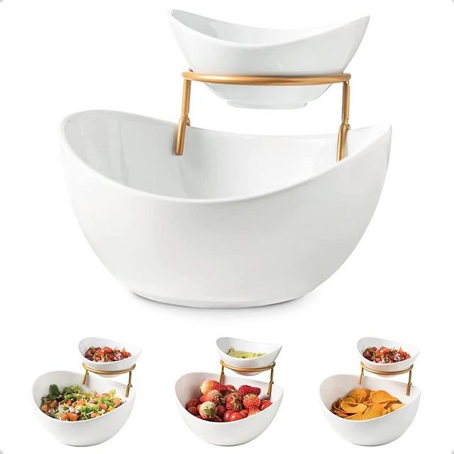 YHOSSEUN Chip and Dip Serving Set 2 Tiered Oval Dip Bowls with Metal Rack for Appetizer, Dessert, Fruit - Serving Bowls for Party Entertaining, Food Dispaly, Tortilla Holder - Gold Stand