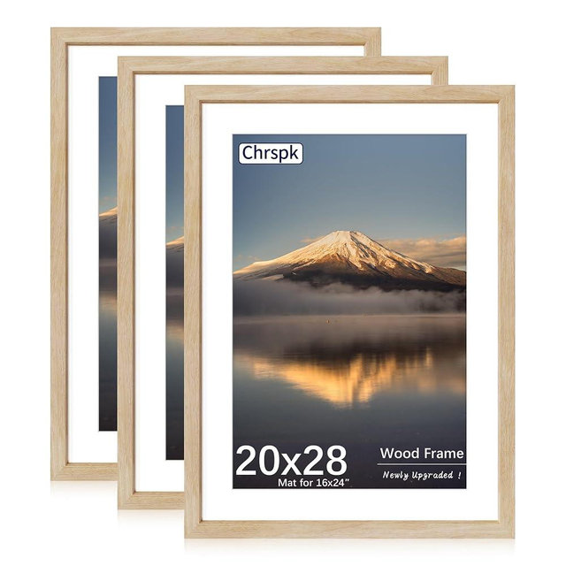 Chrspk 20X28 Poster Frame, Display Pictures 16X24 with Mat or 20X28 Without, Wall Hanging Frames, Natural Oak, 3 Pack