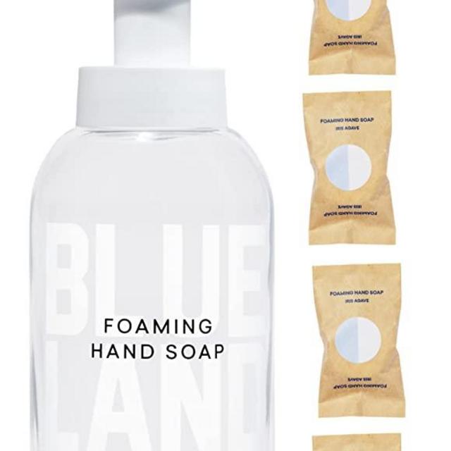 BLUELAND Hand Soap Starter Set - 1 Refillable Glass Foaming Hand Soap Dispenser + 4 Tablets Refills - Eco Friendly Products & Cleaning Supplies - Iris Agave Scent - 4 Tablets make 36 fl oz total (4x 9 fl oz bottles of foaming hand soap)