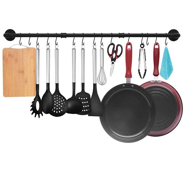 TLBTEK 49.6 inch Black Pipe Pot Bar Rack Wall Mounted Detachable Pans Hanging Rail Kitchen Lids Utensils Hanger Holders with 15 S Hooks