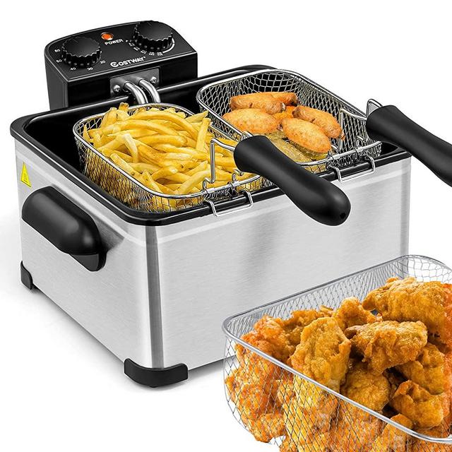 COSTWAY Deep Fryer, 1700W Stainless Steel Fryer with Heating Element, Triple Basket, 5.3QT/21-Cup Oil Container & Lid with View Window, Adjustable Temperature & Timer, for Kitchen & Restaurant (5.3qt)