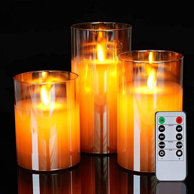5plots Gold Glass Flickering Flameless Candles, Battery Operated LED Pillar Candles with Remote Control and Timer, Moving Flame, Wax, Set of 3