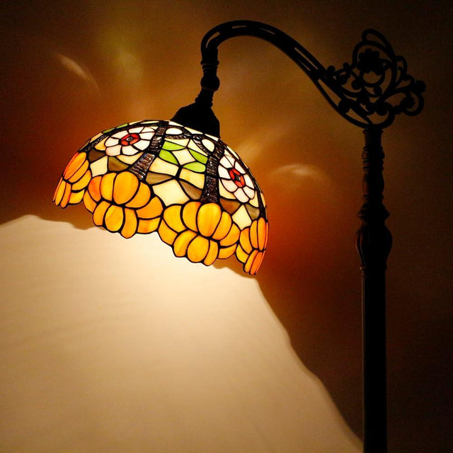 AVIVADIRECT Tiffany Floor Lamp Stained Glass Orange Flower Style Arched Reading Light Gooseneck Adjustable Corner Standing Lamp 12X16X66 Inch for Bedroom Living Room Home Office