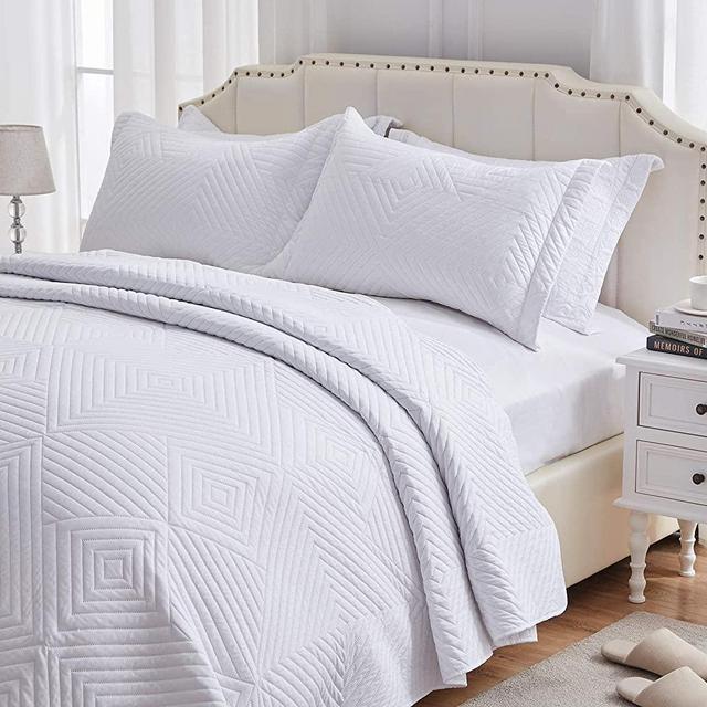 SunStyle Home Quilt Set 3 Pieces Queen Quilt Set White Soft Microfiber Bedspreads Queen Size Lightweight Coverlet Reversible Comforter Set Bed Cover for All Season（1 Quilt 2 Shams）