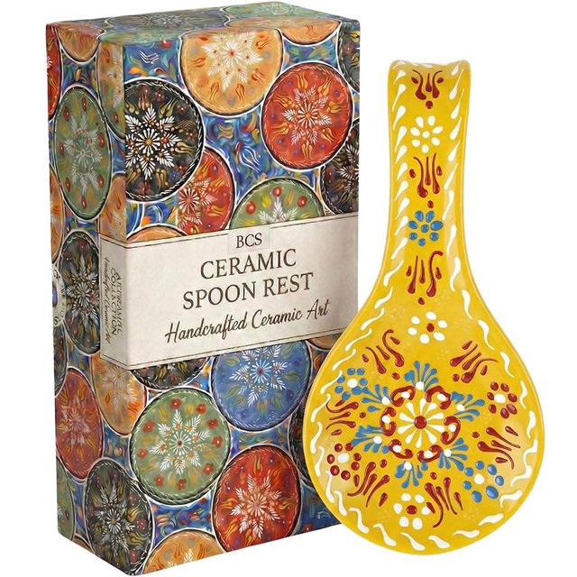 BCS Ceramic Spoon Rest, Large 9” Hand Painted Spoon Holder for Stove Top & Kitchen Counter, Dishwasher Safe & Heat Resistant Utensil Holder, Floral Kitchen Decor, Handmade Pottery