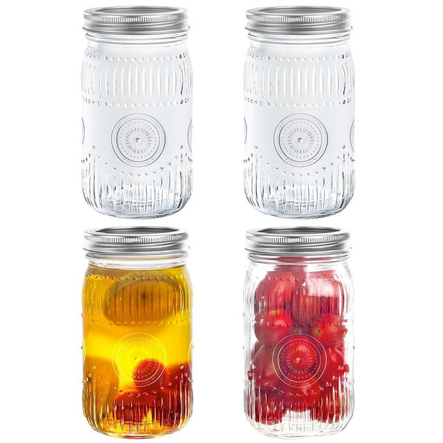 Amzcku 32oz vintage Mason Jars with Lids, Wide Mouth Quart Canning Jar, Safe For Storage, Canning, Pickling, Preserving, Fermenting, DIY Crafts & Decor 4 Pack