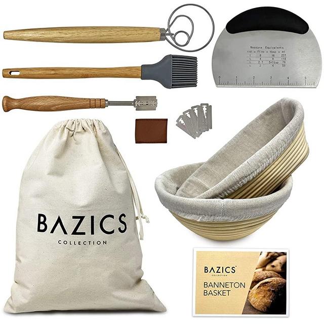 PREMIUM QUALITY BAZICS 9 Pcs Complete Bread Proofing Basket Set for Sourdough Bread Making 9 and 10 Inch Round and Oval Banneton with Cotton Liner Whisk Dough Scraper Lame Tool 5 Blades Silicon Brush Cotton Storage