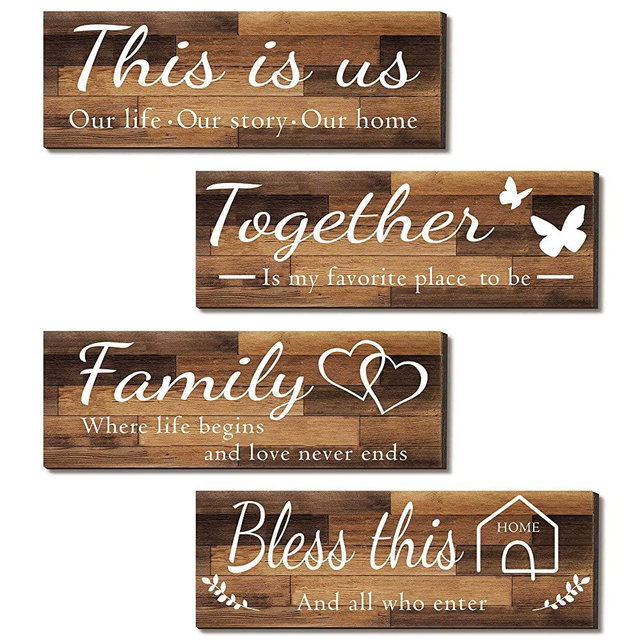 4 Pieces Home Wall Decor Signs, THIS IS US/ TOGETHER/ BLESS THIS HOME/ FAMILY Wall Decor For Living Room Bedroom, Rustic Wooden Farmhouse Wall Art Decor, 4.7 x 13.8 Inch(Brown)