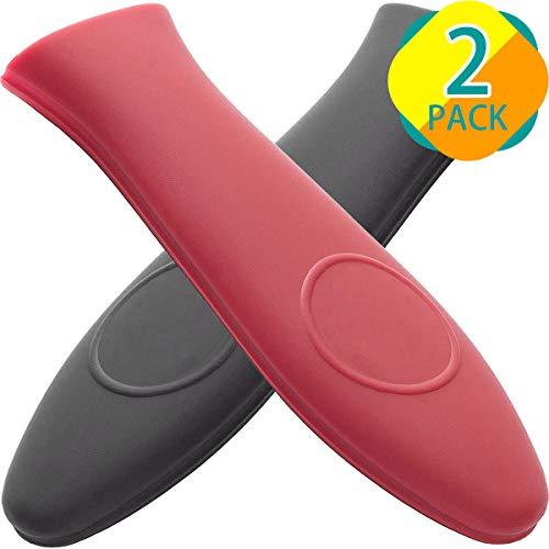 Cast Iron Handle Cover, 2 Pack 5.8 Inches [ 2020 Long Version ] Heat-Insulating Silicone Hot Handle Covers for Skillets over 10.5 Inches, such as L8SK3, L10SK3, L8GP3, L8SGP3, LCC3, L9OG3 (Black, Red)