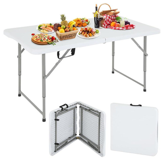 Dopinmin Camping Table 4 FT Foldable Table with Bulid in Handle Plastic Picnic Table,Folding and Portable for Party Dining Picnic Wedding Office,White