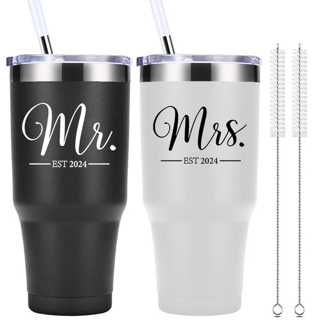 momocici Mr and Mrs Est 2024 30 OZ Tumbler.Engagement Wedding Wife Husband Bride Groom Couple Gifts.Newlyweds Anniversary Bride To Be Newly Engaged Bridal Shower Gifts.(Black&White)